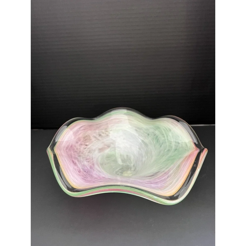 Vtg Mid-Century Murano‎ Style Pink Green Swirled Scalloped Glass Bowl